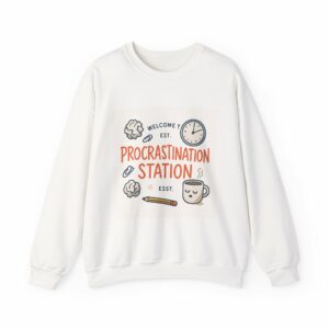 Procrastination Station Crewneck Sweatshirt — Funny Coffee & Desk Doodles Pullover