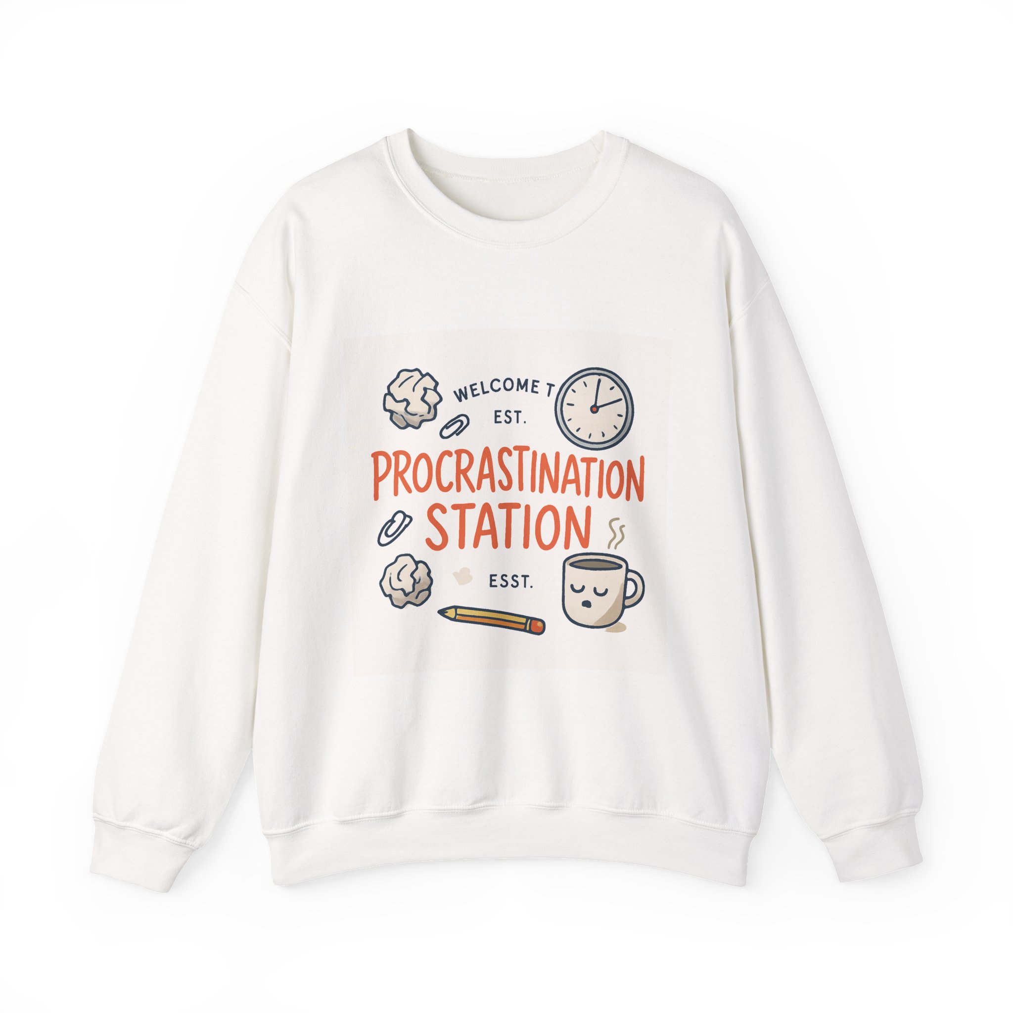 Procrastination Station Crewneck Sweatshirt — Funny Coffee & Desk Doodles Pullover