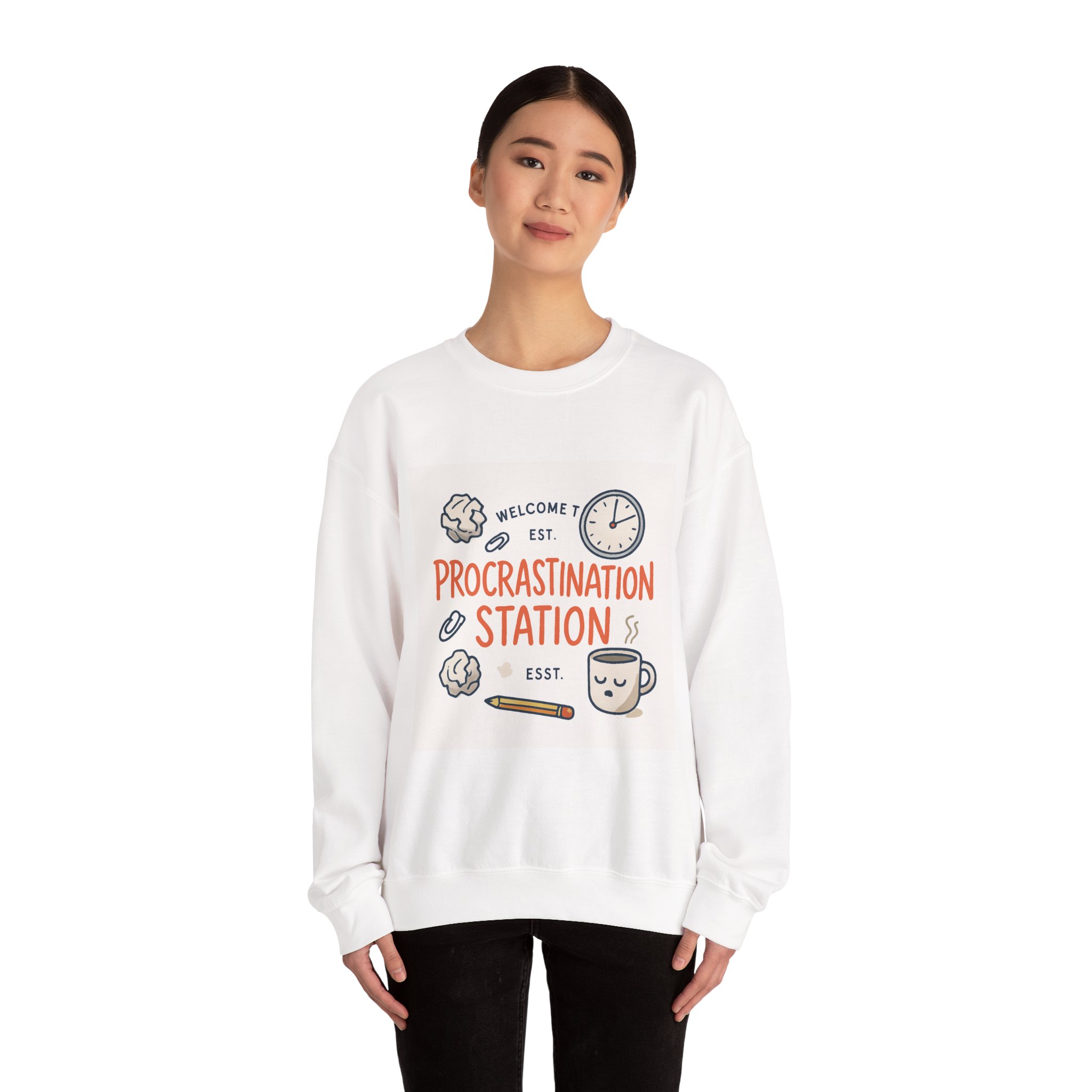Procrastination Station Crewneck Sweatshirt — Funny Coffee & Desk Doodles Pullover - Image 4