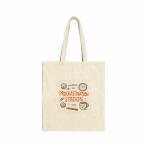 Tote Bag — "Procrastination Station" Canvas Tote, Funny Coffee & Clock Design for Students & Gift