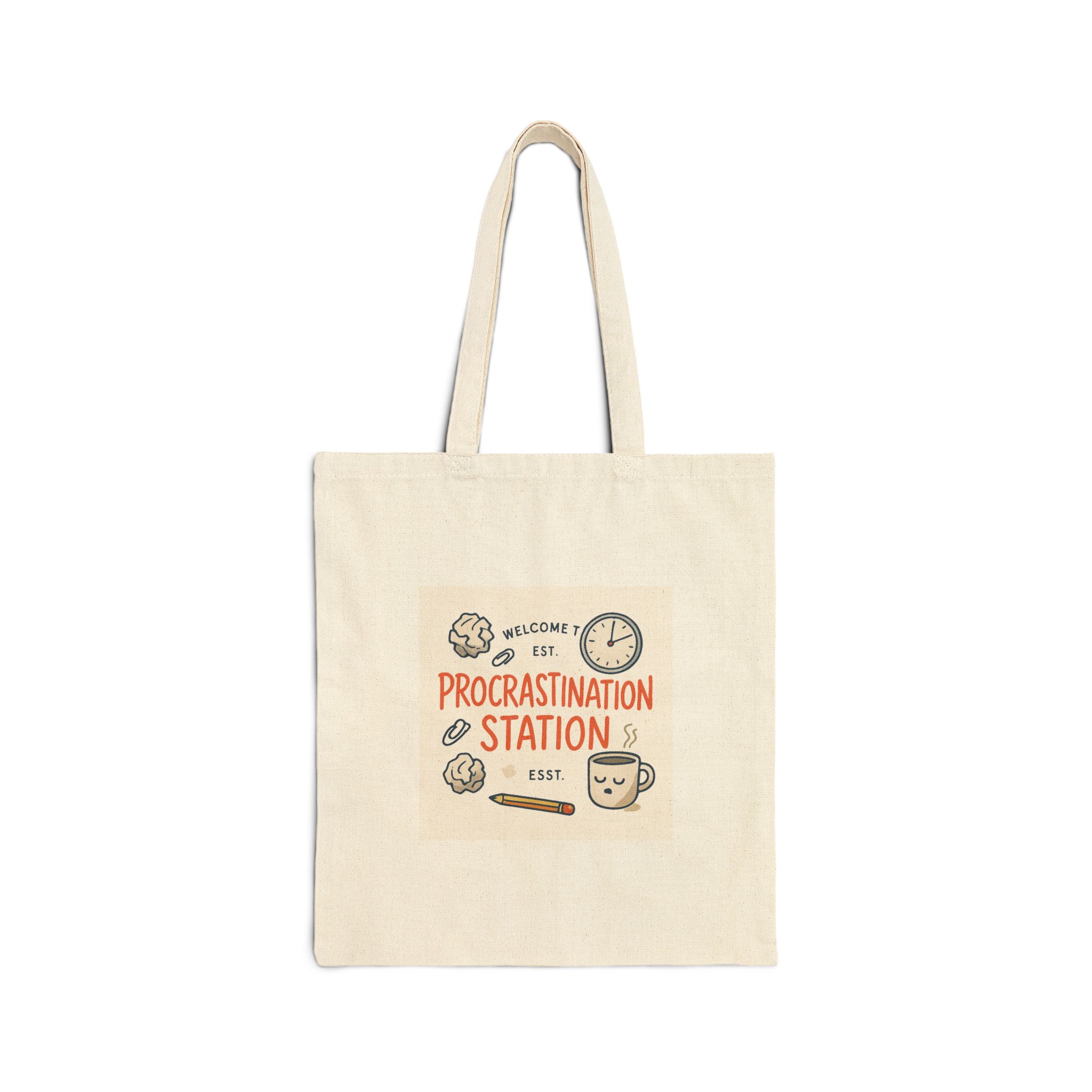 Tote Bag — "Procrastination Station" Canvas Tote, Funny Coffee & Clock Design for Students & Gift