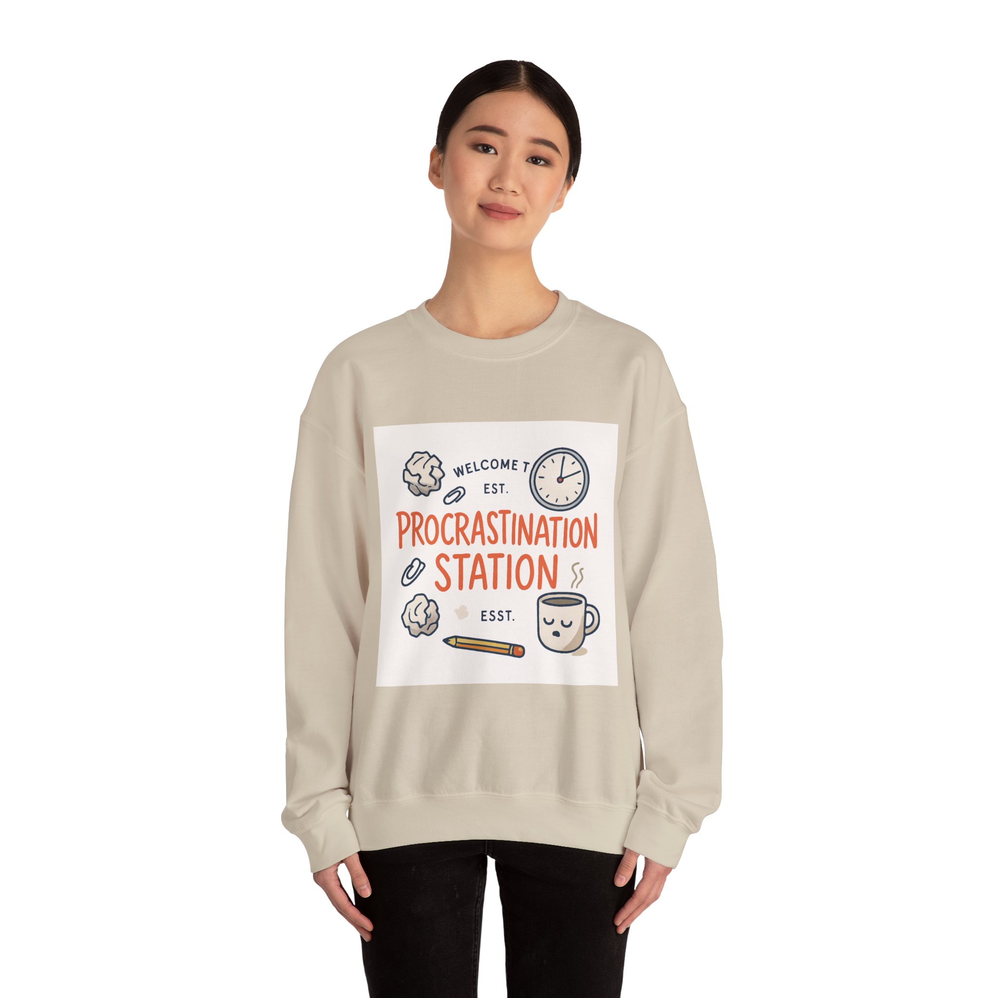 Procrastination Station Crewneck Sweatshirt — Funny Coffee & Desk Doodles Pullover - Image 12